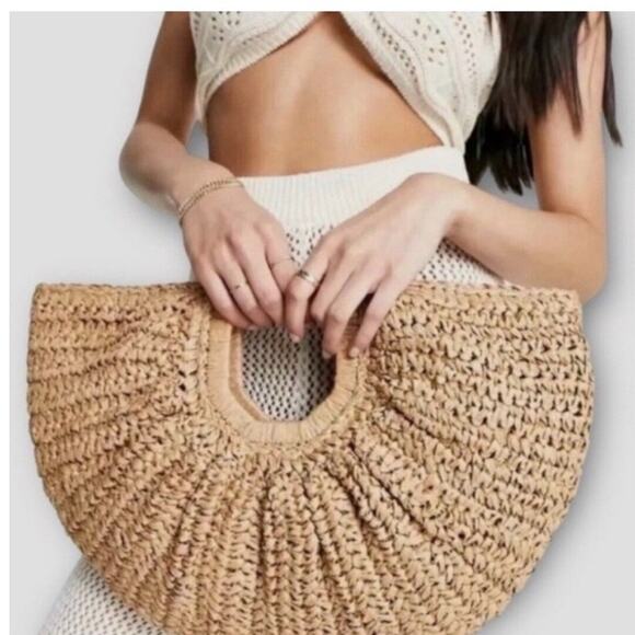 RAMLA Boho Half Moon Straw Crochet Lined Woven Hobo Clutch Handbag Tan NEW - Picture 2 of 7